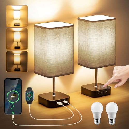 Bedside Lamps Set of 2 - Touch Lamps with USB-C+A Charging Ports, 3-Way Dimmable Table Lamp for Bedroom Living Room with Grey Fabric Shade (Bulbs Included)