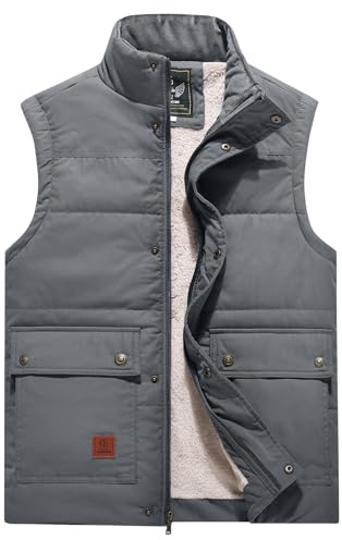 Flygo Men's Winter Warm Outdoor Padded Puffer Vest Thick Fleece Lined Sleeveless Jacket (Grey S)