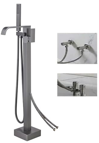 BiaoTeng Grifo De Pie Para Bañera Exenta 2 Funciones Monomando Con Manguera G1/2 Latón Grifo Para Bañera Y Ducha, Gris