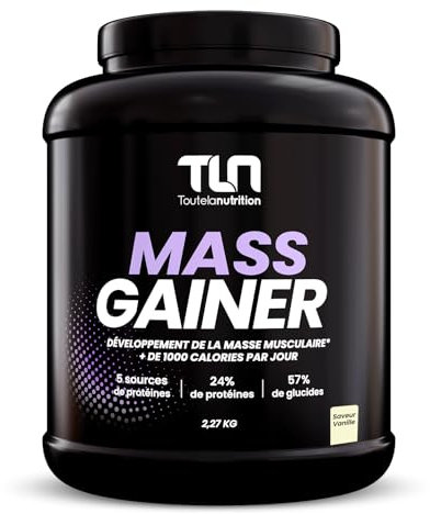 MASS GAINER | Gainer Prise de Masse Musculation | +1500 kcal par jour | 5 Sources de Protéines + 2 Sources de Glucides + MCT | 22 Portions de Boisson Shaker Goût Vanille | 2,27 kg | TLN