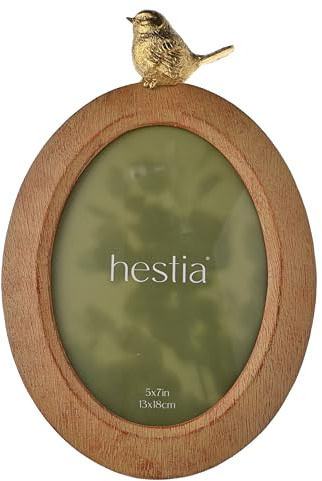 Hestia träeffekt oval ram med guldfågel – 12,7 cm x 17,8 cm. Samtida, displayram med staffli tillbaka för hem, sovrum. Kök, vardagsrum eller hall.