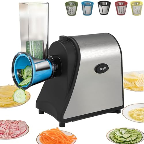 Affettatrice elettrica per verdure, affettatrice elettrica, grattugia per patate, tagliaverdure elettrico, grattugia multifunzione, grattugia per verdure, tamburi in acciaio inox, 5 lame coniche