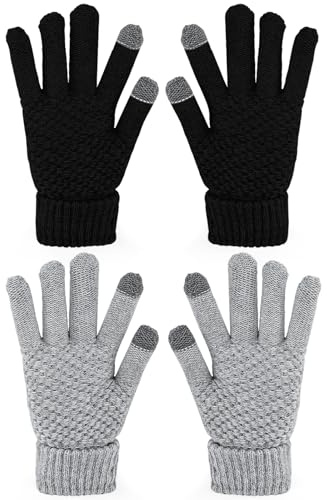 Tetnsk Lot de 2 Paires de Gants d'Hiver Pour Femme - Écran Tactile, Tricotés, Doublés en Polaire Chaude - Noir, Gris