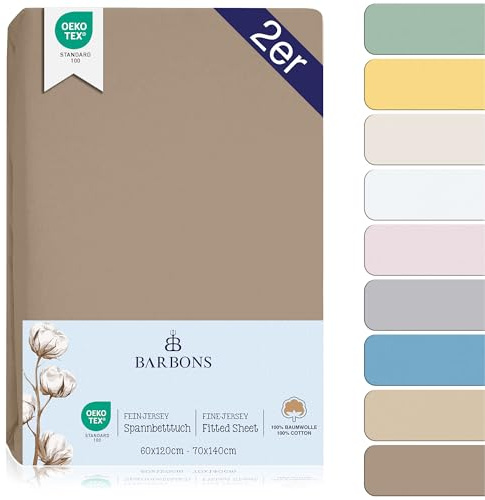 BARBONS Drap Housse pour lit de bébé 60x120 / 70x140 lit d'enfant - 100% Coton Jersey Oeko-TEX Standard 100 certifié Draps de lit pour lit de Bebe Matelas - Taupe Lot de 2