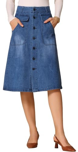 Allegra K Jeanskjol dam medellånga kjolar med hög midja vintage denim knäppt kjol, Färg: blå, XL