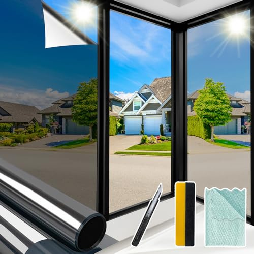 Niviy Window Privacy Film One Way Privacy Windows Film with Installation Tools, Reflective Window Tint, Summer Windows Decoration and Heat Control 99% UV Blocking (Black-Silver, 17.5 x 78.7 inch)
