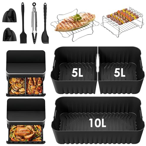 Air Fryer silikonfoder tillbehör för COSORI Dual Airfryer TwinFry, 1 x 10 L + 2 x 5 L stora flexibla foder, luftfritöskorgar, grillställ, tång, oljeborste ingår (för 10 L 14 st)