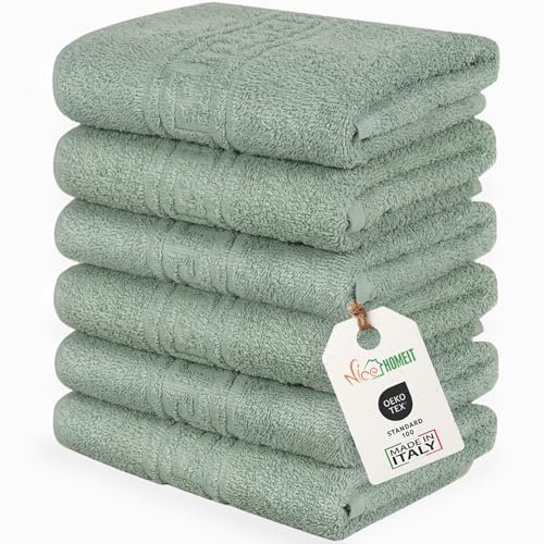 nice homeit Set mit 6 Gesichts- und Gästehandtüchern aus Baumwolle, 40 x 60 cm, aus 100% ringgesponnener Baumwolle, extra weich und saugfähig, hergestellt in Italien, Grün