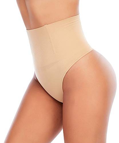Werena Tummy Control Thong Shapewear for Women Seamless Shaping Thong Panties Body Shaper Underwear(01# Beige-mid Waisted(has Boning),Small)