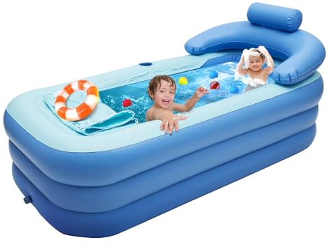 Inflatable Portable Adult Bath Tub PVC Inflatable Pool Foldable Bath Free-Standing Folding Bathtub Outdoor Warm Bathtub with Cup Holder, Cushion, Drainage Pipe for Adult Children Spa Bath 150 * 80Cm