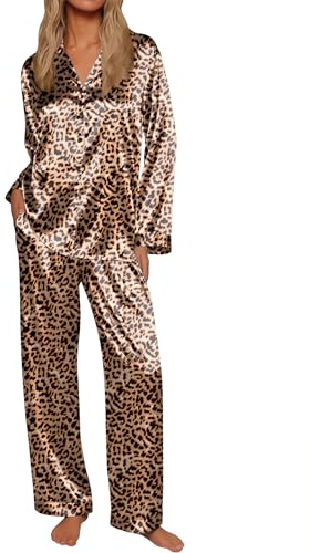Ekouaer Silk Satin Pajamas for Women Button Down Pjs Set Long Sleeve Loungewear 2 Piece Wide Leg Sleepwear Leopard Large