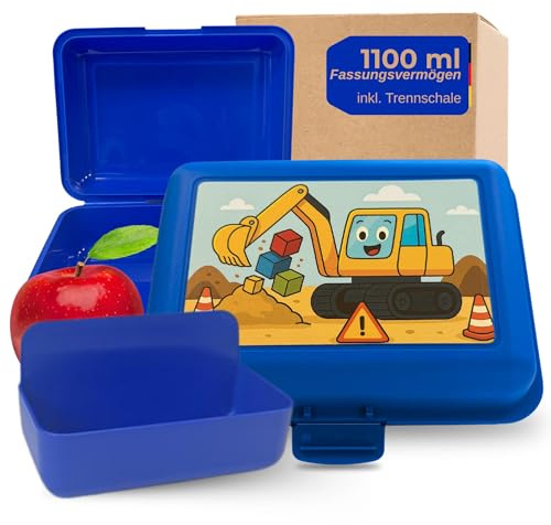 Lunchlåda för barn med motiv – robust matlåda för dagis, skola och på vägen – BPA-fri och smaklös – matlåda med fack ca 1 100 ml kapacitet, färg: motiv grävmaskin