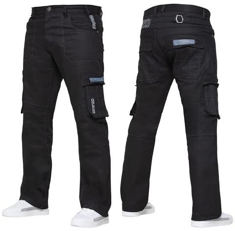 989Zé ENZO Mens Cargo Combat Jeans Casual Cotton Denim Straight Leg Pants Trousers Black 32W / 32L