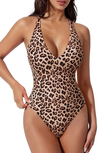 SUUKSESS Women Sexy Low Back One Piece Swimsuit Slimming Tummy Control Bathing Suit V Neck High Cut Swimwear (Leopard,S)