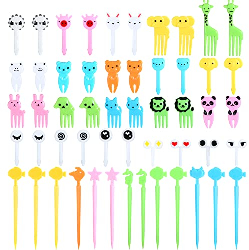 Naler Forchette Bambini 52 pz Forchettine e Stuzzicadenti da Frutta e Dessert a Tema Animale, Cartone Animato Stuzzicadenti, Forchetta da Frutta in Plastica Riutlizzabile