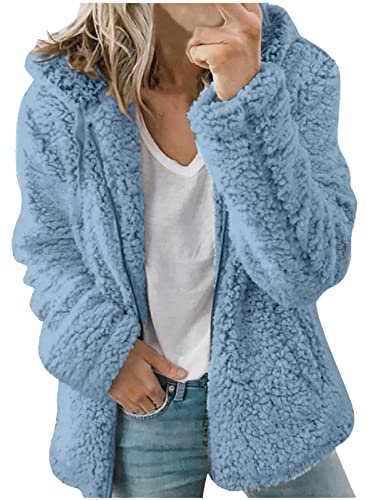 Womens Fleece Hoodie Jacket Sherpa Lined Full Zip up Winter Warm Soft Teddy Fleece Hooded Sweatshirt Fluffy Jumper Hoody Sweater Coat Overcoat Cardigan Ladies Hoodie UK Sale Clearance