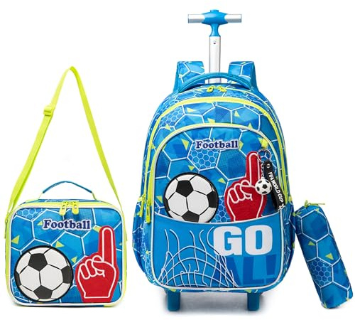 Egchescebo Kids Football Rolling Backpack for Boys Suitcases Trolley Backpacks with Wheels 17” Roller Luggage Backpacks with Lunch Box Pencil Case for Elementary Boy 3pcs Travel Soccer school Bag Blue