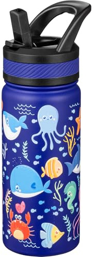 Fanhaw 550 ml Kids Insulated Water Bottle with Straw - Stainless Steel Double Wall Vacuum Cup, Leakproof, BPA Free, Suitable for Boys and Girls(Blue - Ocean)