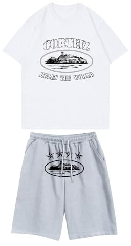 corteiz Jogging Unisexe Combinaison Homme Combinaison Femme pour Le Sport Jogging Manches Courtes col Ras du Cou t-Shirt et Short White S