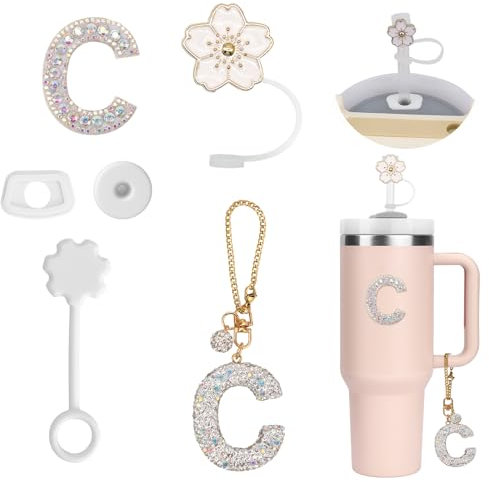 6PCS Personalisierte Tumbler Zubehör für Stanley Cup,Stroh Cover,Initialen Dekorationen für Tumbler,Buchstaben Aufkleber,Buchstaben Charm und Leck Stopper für Stanley Cup (C)