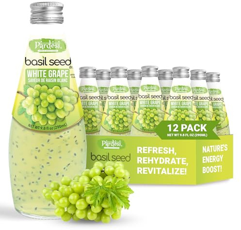 Pardesi Basil Seed Drink White Grape Flavor 290ml 9.8 Fl Oz | Pack of 12 (117.6 FL Oz ) | Naturally Refreshing & Cooling | Rich in Antioxidants, Fiber & Omega-3 | Real Basil Seeds for Digestive Health & Hydration.