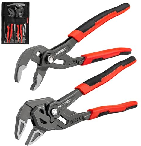 HAUTMEC 2-Piece 10 Inch Adjustable Pliers Wrench & Water Pump Pliers, Parallel Smooth Jaw & V-Jaw, CR-V Steel, Fast Adjustable Tongue and Groove Joint Pliers for Plumbing, Mechanical, Home Repair
