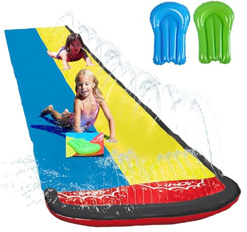 KBIBCK Toboggan aquatique de 480 cm, toboggans d'eau pour pelouse pour enfants avec 2 voies de course et 2 planches de carrosserie, toboggan aquatique glissant, tapis de toboggan aquatique, double