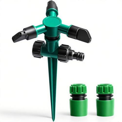Ruayia Arroseur de pelouse à 3 voies avec piquet de terre, arroseur de pelouse à 360 °, angle réglable de 45 ° à 90 °, arroseur à 3 bras, arroseur de surface carré