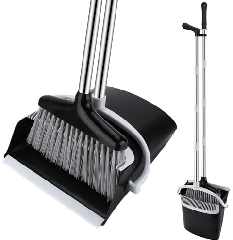 KIMIGO Scopa Alta​​ con Manico Estendibile a 123 cm – ​​Set Scopa e Paletta​​,Kit Pulizie Leggero per Interni/Esterni,Cucina,Garage – Scopa e Paletta salvaspazio,con Design Moderno in Nero e Grigio