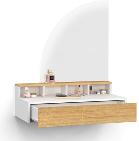 IDMarket - ZELIA, tavolo da toilette sospeso con specchio LED, 4 nicchie, 1 cassetto, legno e bianco