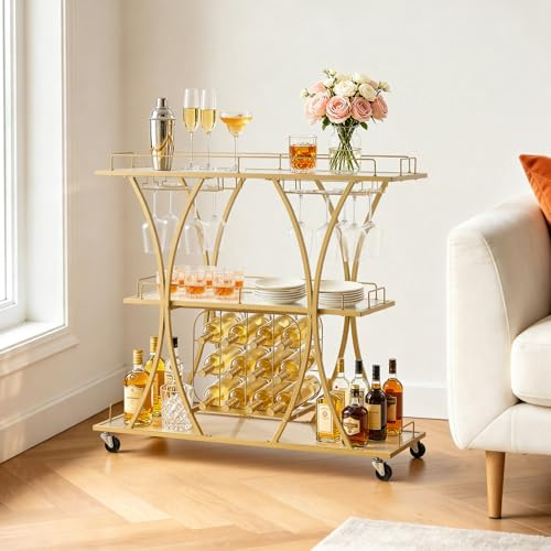VEVOR Carrello da Bar Multiuso, Carrello di Servizio da Cucina 3 Ripiani Portabottiglie Portabicchieri Bevande Ripiani in Vetro Temperato, Soggiorno Sala da Pranzo 1000 x 350 x 940 mm, Colore Dorato