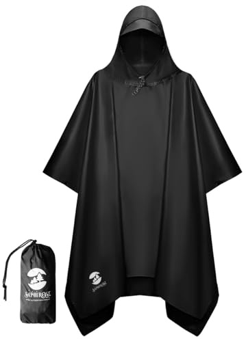 SaphiRose Unisex Rain Poncho Hooded Waterproof Raincoat for Adults Women (Black)