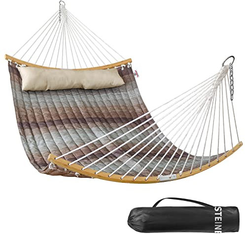 Bathonly Große Outdoor Hängematte für 2 Personen, 3m doppelhängematte, Gesteppte Stoffschaukel mit Faltbarer, gebogener Stange, abnehmbarem Kissen, Tragetasche, bis 204 kg belastbar, Wassergrün