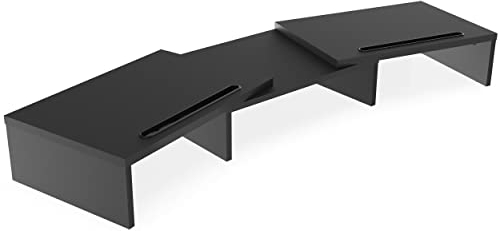 FITUEYES Dual Monitorständer Holz Drehbar Längenverstellbar mit Halteschlitz für Smartphones Tablet PC Laptop Computer Bildschirm Riser 79-111,2x27x10,6cm Schwarz