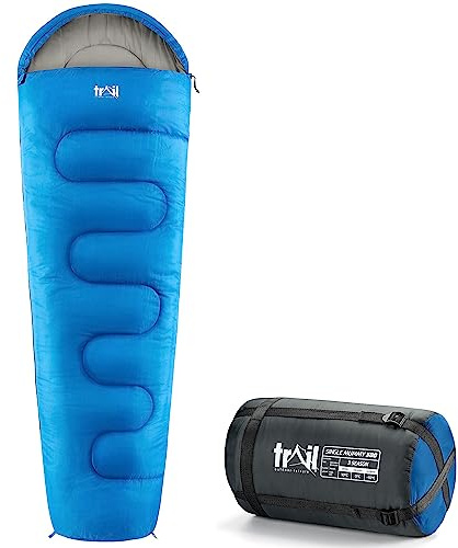 Trail Sac de Couchage Adulte Momie, Duvet 1 Personne pour 3 Saisons, Sac de Couchage Compact de 300 GSM pour Camping avec Poches et Sac de Compression (Bleu)