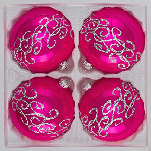 Juego de 4 bolas de Navidad de cristal, 8 cm de diámetro, en rosa brillante, adornos plateados, bolas de Navidad, 8 cm de diámetro