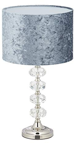 Relaxdays Tischlampe, Samtschirm, Kristallfuß, E14-Fassung, Wohn- & Schlafzimmer, Tischleuchte, H x D: 48 x 26 cm, grau
