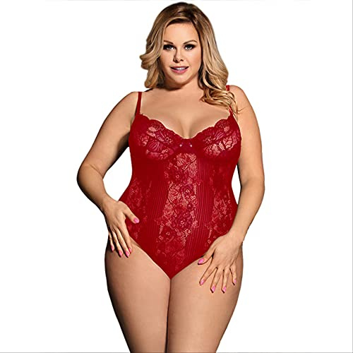 AYJMA Body con Aros para Mujer, Encaje de Moda 5XL, Mamelucos de Talla grande de Peluche, Mono Transparente, Mono Sexy para Mujer, lencería roja 5XL