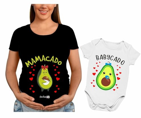 Colorfamily Coppia T-Shirt Maglietta Premaman e Body Neonato Mamma Figlio Mamacado Babycado Regalo Festa della Bodino Divertente per Uso diurno