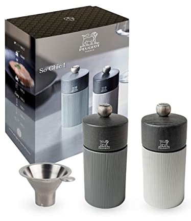 Peugeot - Duo Line Gift Set - Pepper Mill + Salt Mill 12 cm + Spice Funnel - Classic Grind Setting - Aluminum + PEFC Wood - Made in France - Aluminium Grey Color