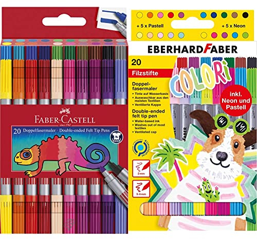 Faber-Castell 151119 - Doppelfasermaler 20er Etui, 1 Stück & Eberhard Faber 550020 - Colori Filzstifte in 20 brillanten Farben, Doppelfasermaler mit dicker und dünner Spitze, im Kartonetui