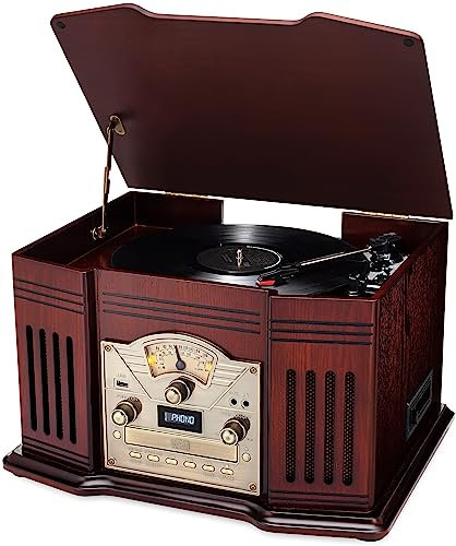ClearClick Giradischi tutto in uno con lettore di dischi a 3 velocità, Bluetooth, CD, cassetta, radio Am/FM, ausiliaria, USB, altoparlanti integrati, esterno in legno fatto a mano