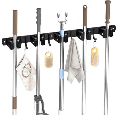 Carehabi Accroche Balai Mural, 5 Support Balais Mural et 4 Crochets Noir, Porte Balai avec Percage ou Adhésif san Percage, Organisateur pour Salle de bain, Garage, Outils de Jardinage, Cuisine