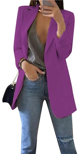 ZICUE Donna Causale Blazers Colore Solido Cappotto Manica Lunga Colletto Lapel Basic Tute Slim Fit Lavoro Ufficio Tasche Blazers con Tasche Viola L