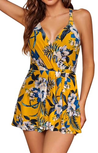 SHEKINI Regolabile Costumi da Bagno Donna Intero Un Pezzo Scollo a V Profondo Gonna da Spiaggia Sexy Costume Intero Donna con Gonna（M，Giallo-Fiore ）