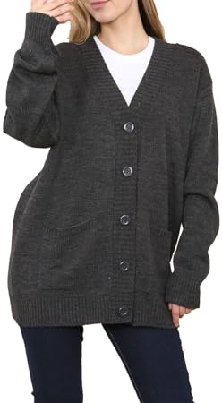 FAIRY BOUTIQUE Ladies Long Sleeve Oversized V Neck 5 Button Longline Pockets Cardigan Womens Plus Size Baggy Summer Soft Knitted Outwear Sweater Charcoal