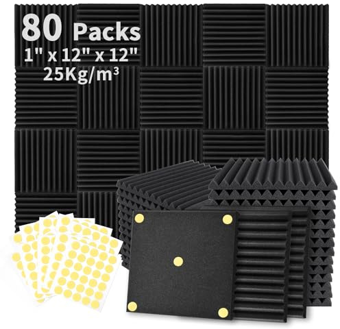 Focusound 80 Pack Acoustic Foam Panels 1 x 12 x 12 Sound Proof Foam Panles Soundproofing Noise Cancelling Wedge Panels for Home Office Recoding Studio with 420PCS Double-Side Adhesive