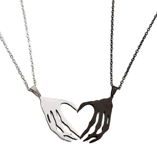 [Mllepjdh] 2pcs/set Matching Necklace Hip Hop Skull Hand Heart Pendant Necklace Gothic Couple Clavicle Chain Jewelry Skull Hand Heart Pendant Necklace