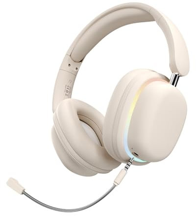 Bluetooth-hörlurar över örat, RGB trådlöst headset med avtagbar brusreducerande mikrofon, 3D stereo musik hörlurar spelheadset dubbel anslutning för iPhone/Samsung/iPad/PC (vit)