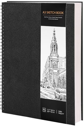 Blocco da disegno formato A3 con copertina rigida a spirale, 160 g/m², carta spessa, blocco da disegno per progetti artistici, 60 fogli/120 pagine, blocco per schizzi A3 per artisti